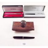 Two Parker pens - boxed, another ink pen and a blotter
