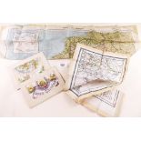 Two WWII silk pilots maps of France and Italy & Yugoslavia and three WWI silk postcards