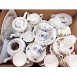 Mixed tea ware including a violet printed tea service comprising six cups and ten saucers, twelve