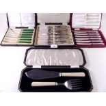 A mother of pearl and silver plated fish cutlery set, a pair of fish servers and two sets of tea