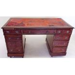 An early 20th century mahogany finish twin pedestal desk with rear 'secret drawers' to five drawers