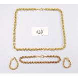 A pair of 9 carat gold earrings 1.5g and an 18 carat gold necklace and bracelet 16g