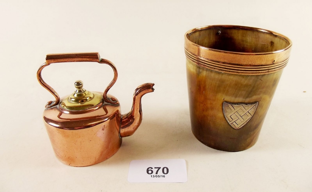 A horn beaker with copper rim and a miniature copper kettle