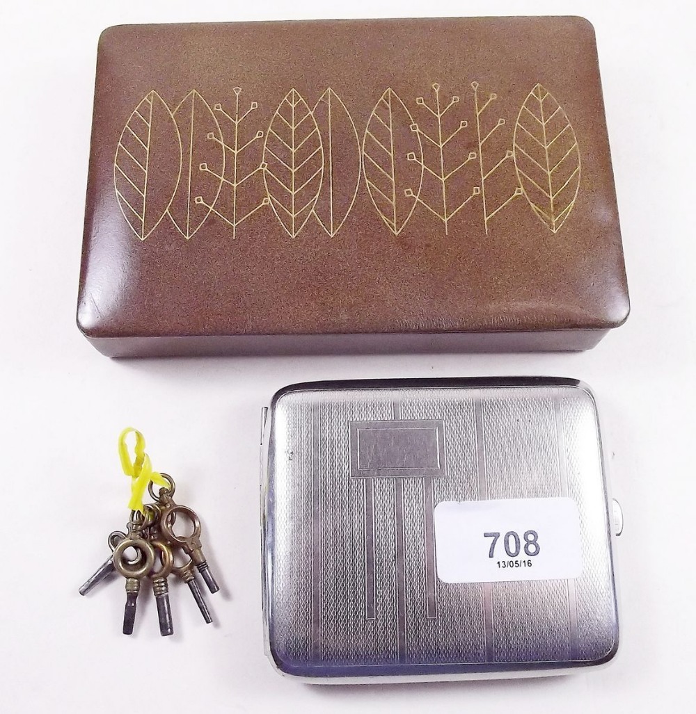 A leather cigarette box, silver plated cigarette case and group of old watch keys