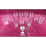 Nine early 20th century glass tumblers, two smaller and an engraved wine glass