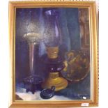 Nancy Chapman - oil on canvas still life with blue oil lamp, 50 x 40cm