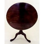 A George III mahogany wine table on turned column and triple cabriole supports, 75cm diameter (hinge