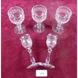 Three 1920's cut glass sherry glasses and a pair of Webb Victorian cut glass liquor glasses