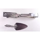 A silver plated pair of Walker and Hall cake tongs and a silver plated cake slice