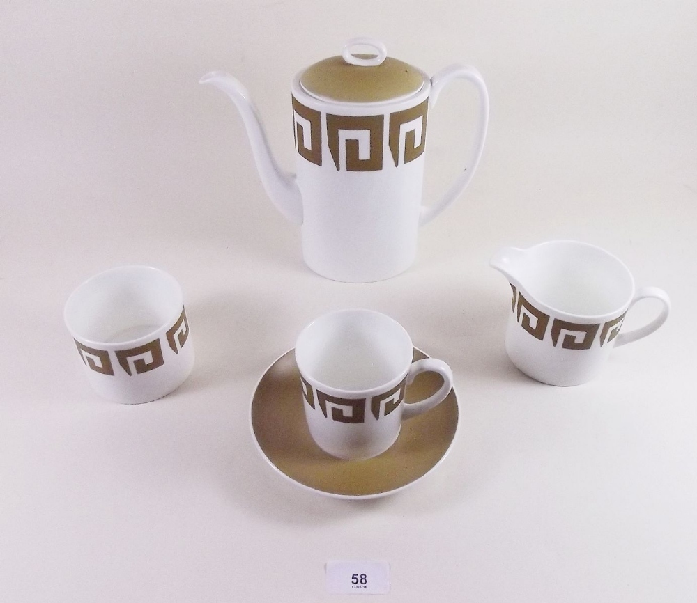 A Wedgwood Susie Cooper coffee service 'Old Gold Keystone' comprising: coffee pot, jug, sugar and