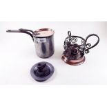 A Temple & Crook small copper saucepan and lid, an iron and copper chamberstick, an antique pewter