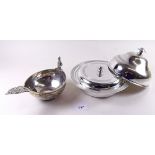 An Indian silver plated wine taster and a silver plated muffin dish
