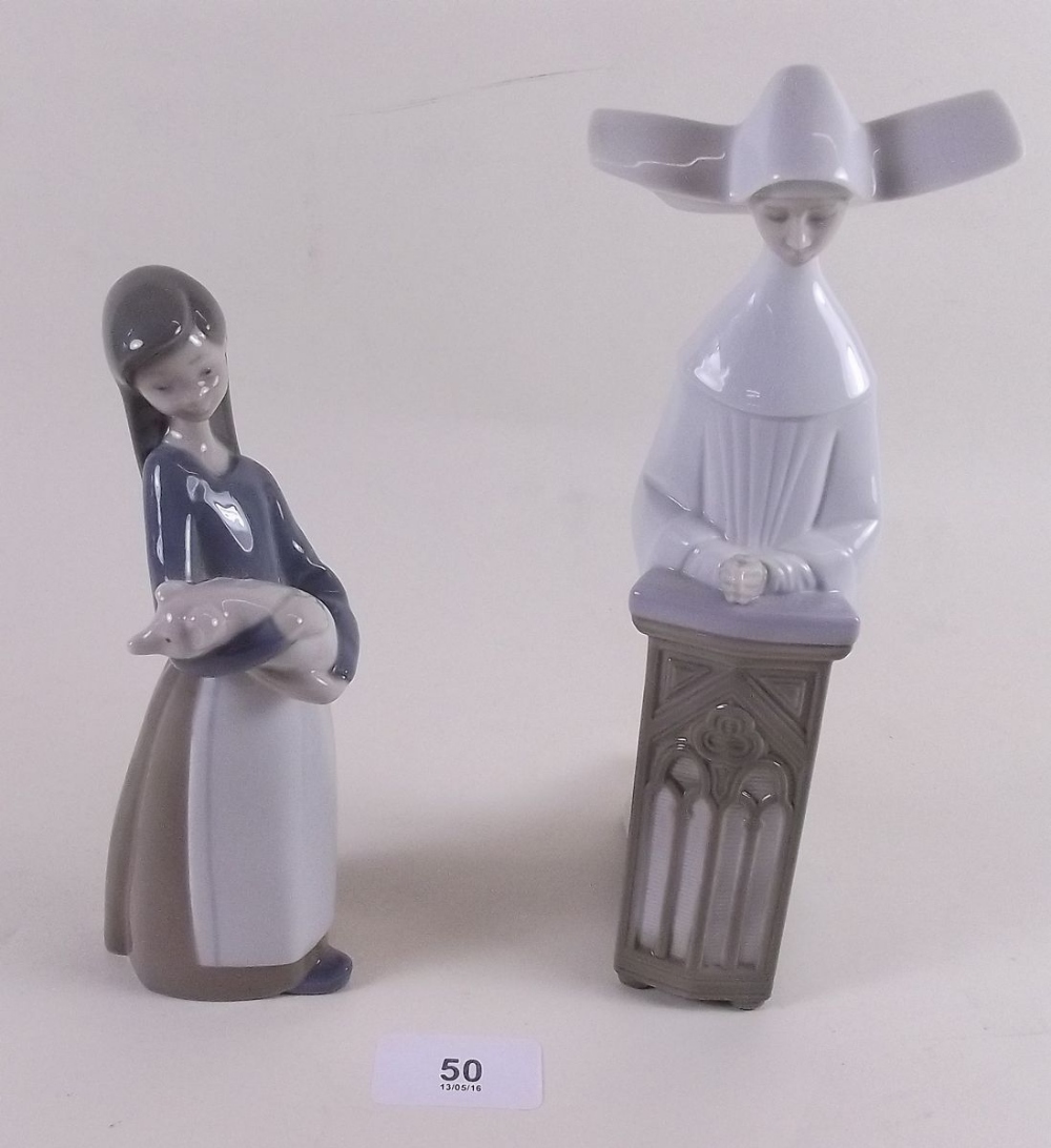 A Lladro figure girl with piglet and a nun a/f