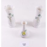 Two Belleek vases and another decorated flower