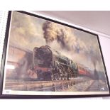A print of a steam train by Alan Fearnley, signed in pencil by artists and drivers, 54 x78cm