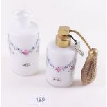 A floral painted opaque glass atomiser and matching scent bottle (lacking lid)