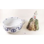 A pin cushion doll and a Cauldron blue and white chamber pot