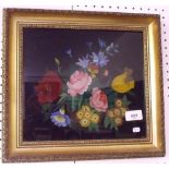 A reverse painted on glass picture of flowers, 24 x 76cm