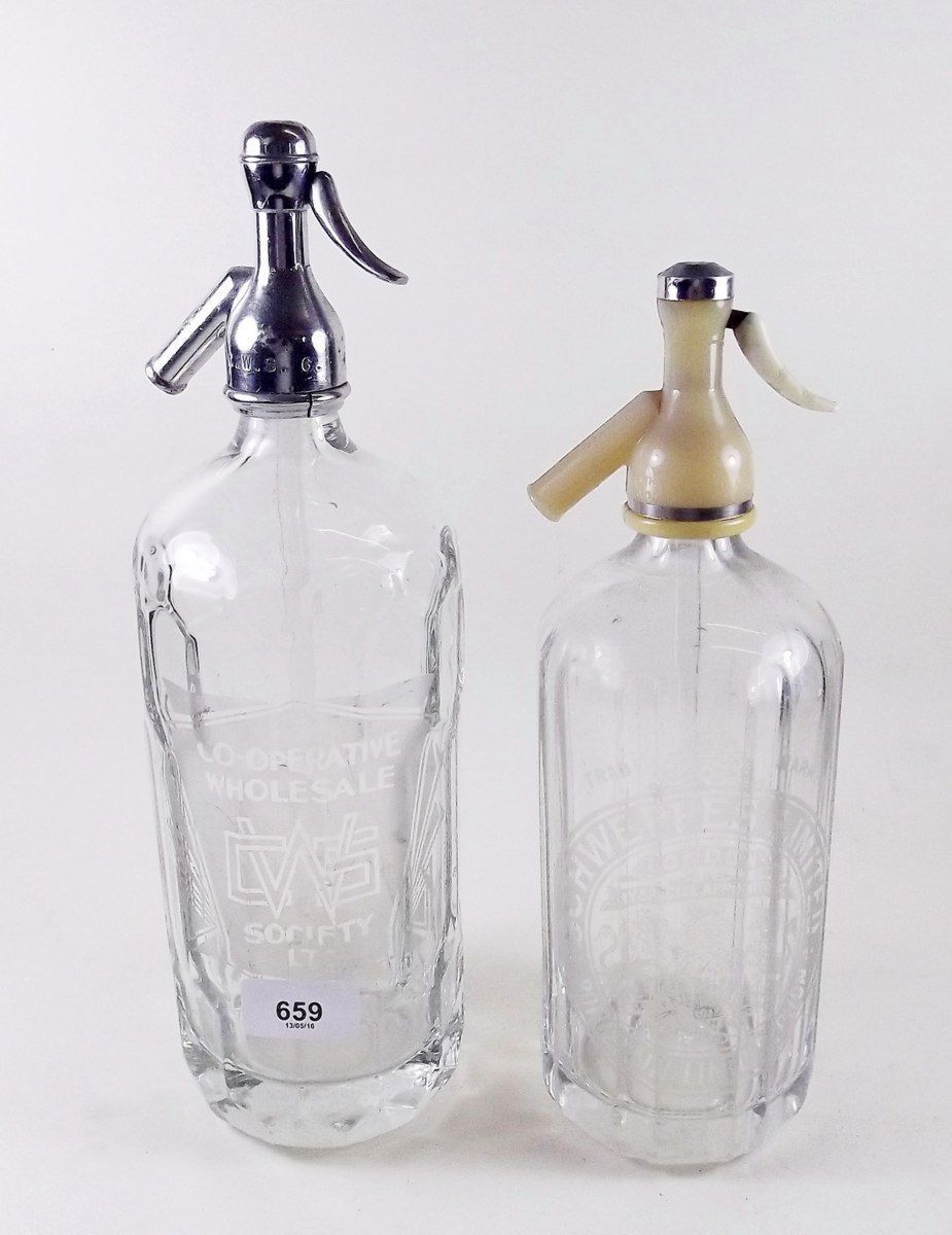 A Schweppes etched glass soda siphon and Co-op one