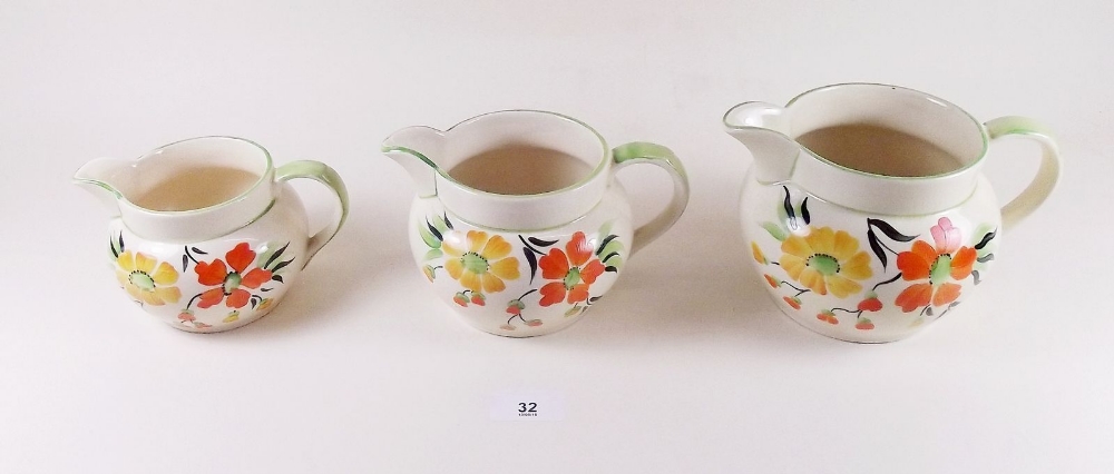A set of three 1930's Rosina pottery jugs