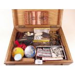 An oak box and contents of sewing/needlework items