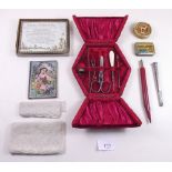 A group of collectables including advertising pencil, painted needlecase, lace etc.