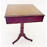 A 19th century mahogany work table with square top on turned column and tripod base, hinge a/f