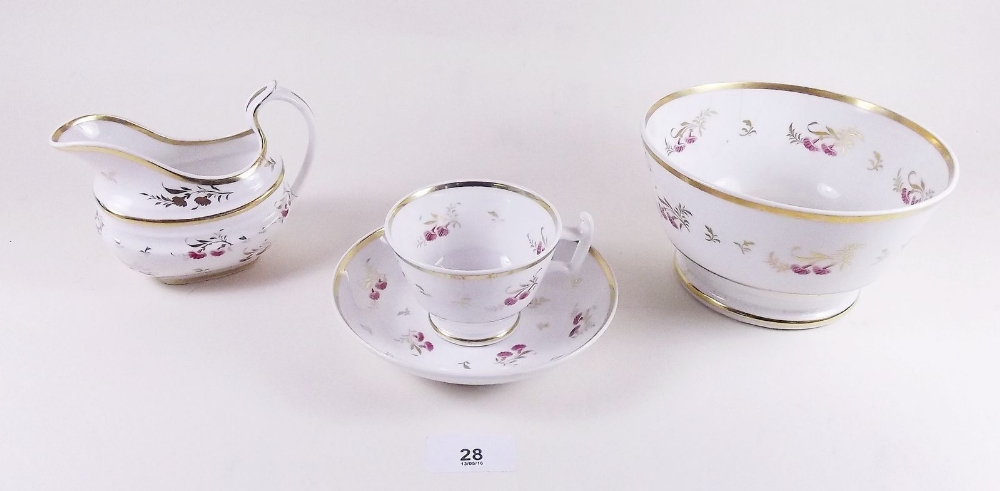 A Regency porcelain tea service painted pink floral sprays comprising: eight tea cups (4 a/f),