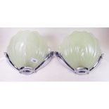 A pair of green glass and chrome Art Deco shell form light fittings