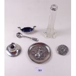 A silver salt spoon, silver topped glass vase, Indian pin dish etc.