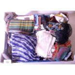 A box of silk scarves, handkerchiefs, Victorian petticoat etc.