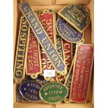 A box of brass and enamel signs, many relating to canals