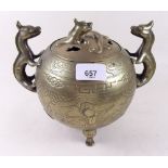 A late 19th century Chinese brass spherical censer with dragons to shoulders and engraved decoration