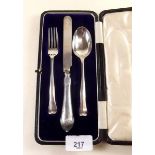 A silver three piece child's cutlery set, cased