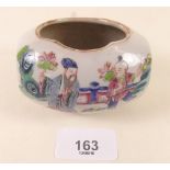 A 19th century Chinese famille rose barrel form hanging pot painted figures (one hanging loop a/f)