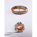 An Edwardian 9 carat gold scarf pin set pearl and a fire opal link