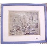 J Tindall - pen and gouache moonlight fairyland Imp feast, dated 1928 to moon, 22 x 29cm