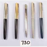 Four various Parker fountain pens and a silver pencil