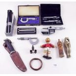 A box of collectables to includes three micrometers