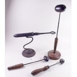 A Victorian goffering iron and stand by Wm Bullock & Co. No.12 and three ball irons on wood handles