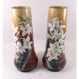 A Doulton Lambeth pair of large floral Faience vases , 33cm high`