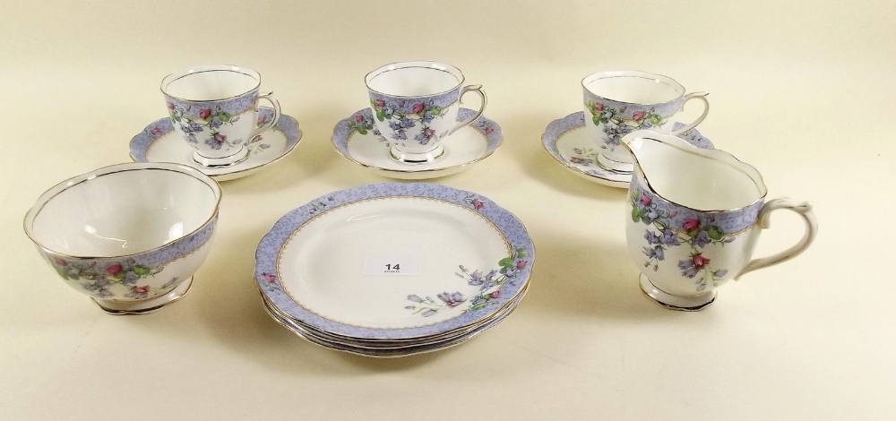 A Royal Albert tea service 'Harebell' comprising: seven cups, twelve saucers (plus 3 cups a/f),