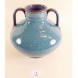 A Poole pottery 'Chinese' blue glazed two handled vase - 16cm