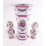 A pair of small Canton vases and a large reproduction famille rose style vase