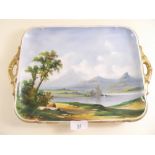 A 19th century porcelain two handled tray painted landscape marked CFH