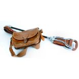 Shooting stick, cartridge belt and tan leather cartridge bag