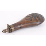 Copper and brass powder flask, relief fluted clamshell decoration, by AM Flask & Cap Co. 10,1/4