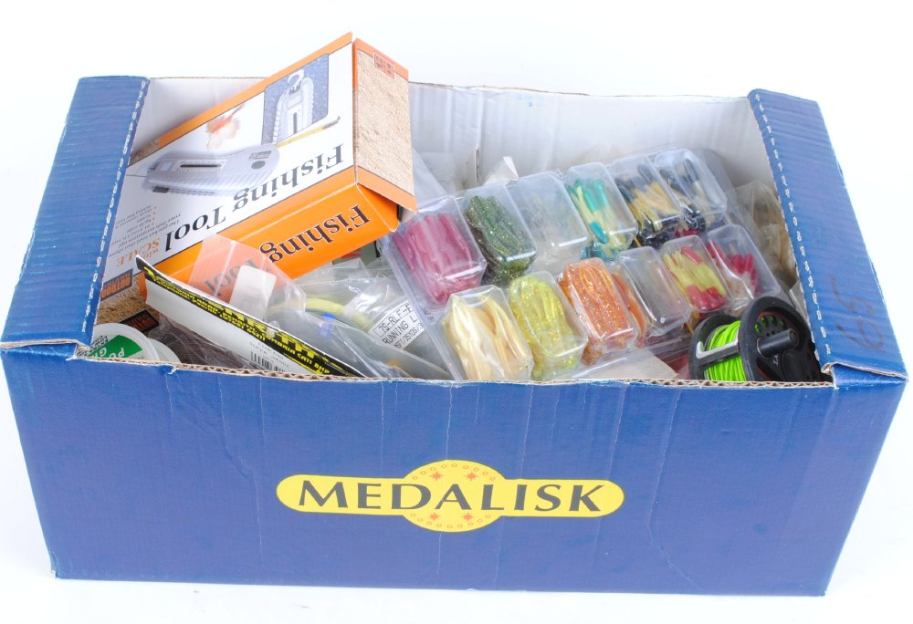 Large box of fly lines, scales, tools, etc. and double sided tackle box and contents