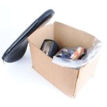 Box with two head torches, wellie warmers, padded pistol case, camo trousers, gun slings, spotlight,