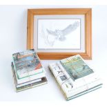 Pencil sketch of Eagle Owl and 8 Vols: Fishing books
